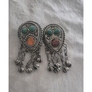 Vtg  Afghan Kuchi Heavy Tribal  1/2" Thick Dangle  Earrings Carnelian+ Glass